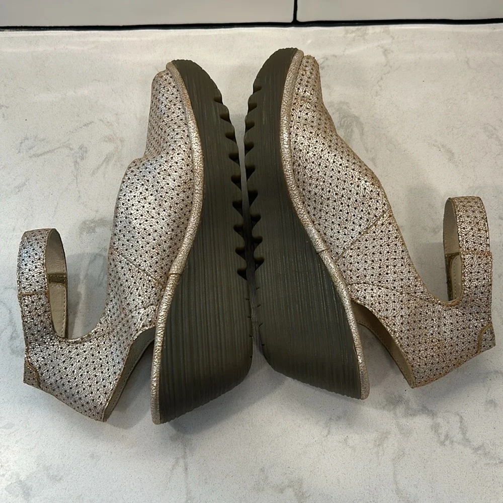 Fly London Yala Leather Perforated Wedges Gold Shimmer Size 9.5